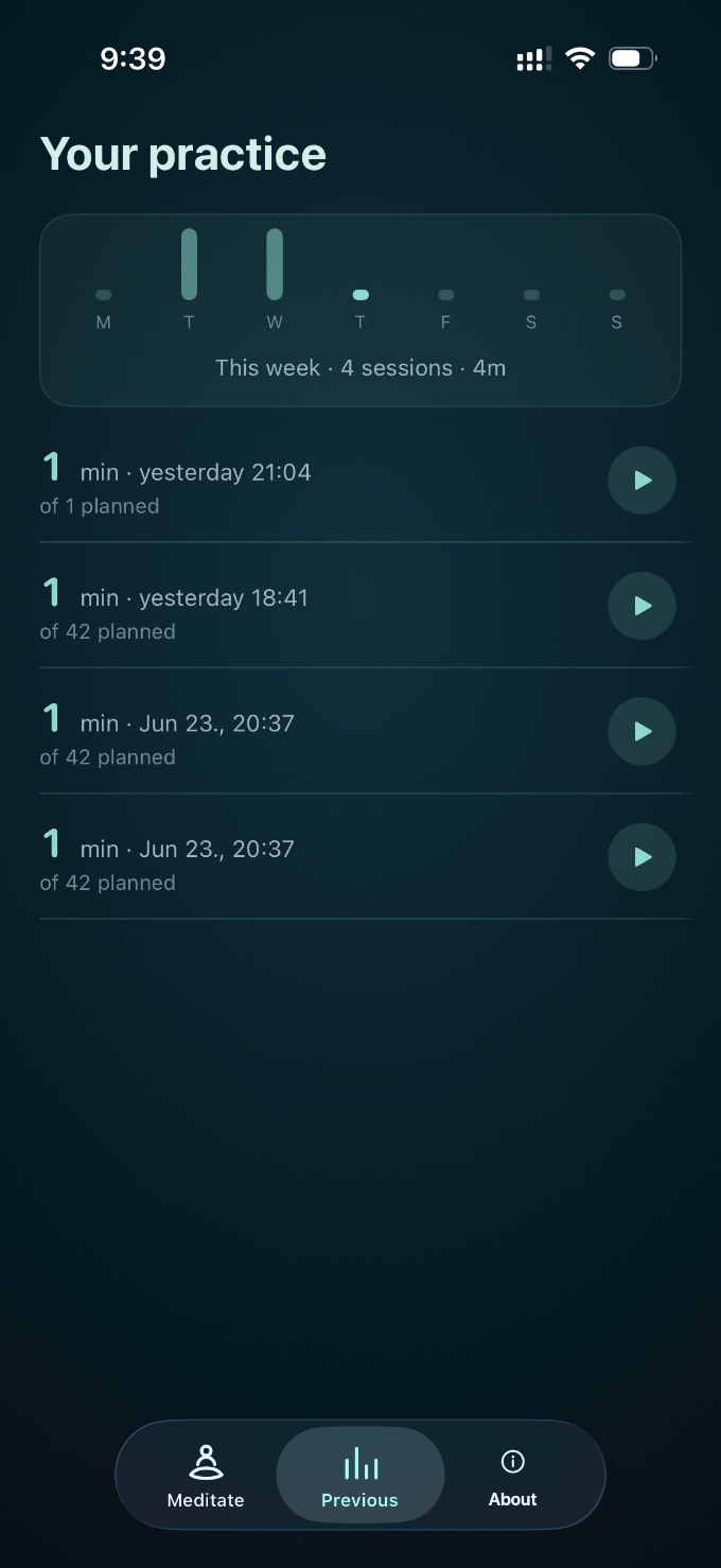 Your practice — a weekly overview and a list of past meditation sessions